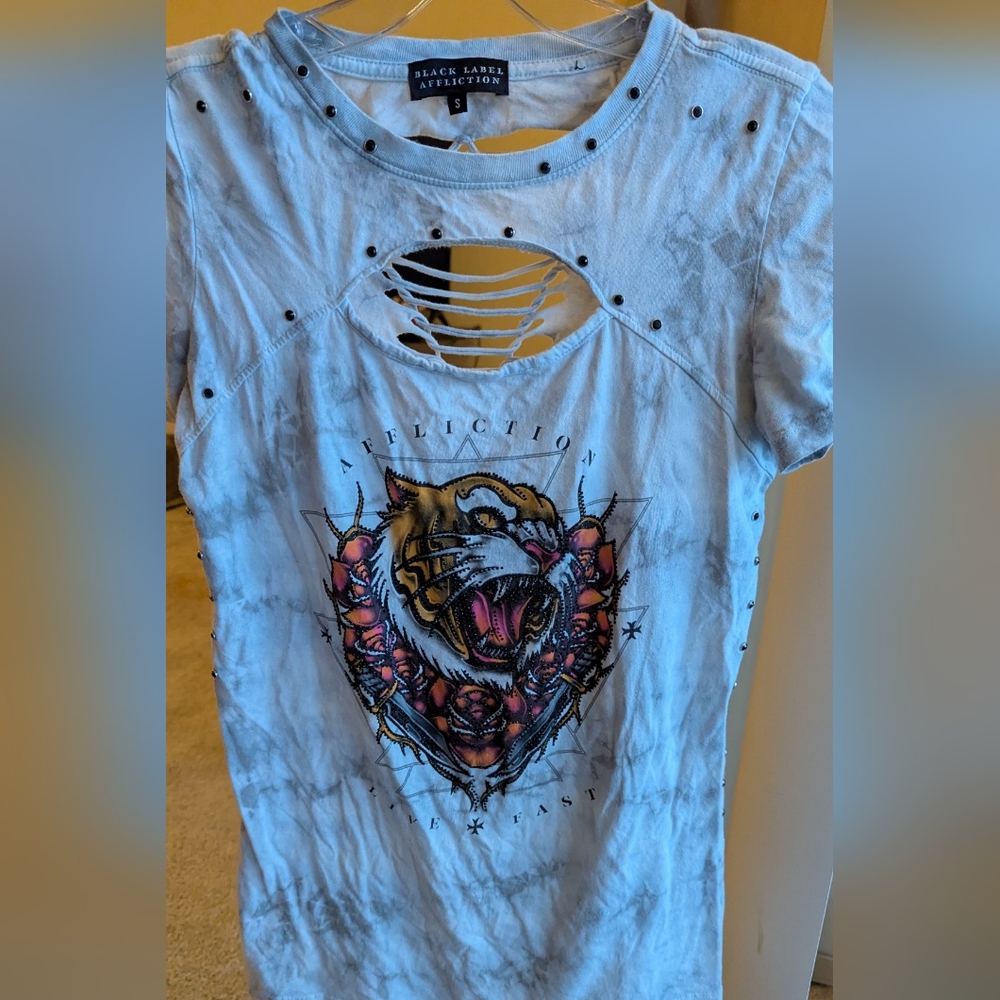 Affliction White and Orange Short Sleeve Graphic Tee